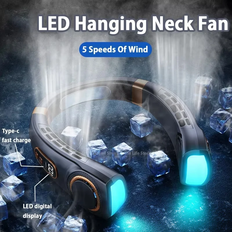 مروحة رقبة محمولة 2025 مع 5 مستويات للسرعة، وبطارية قابلة لإعادة الشحن، وإضاءة محيطة RGB - مثالية للسفر في الصيف والخارج.