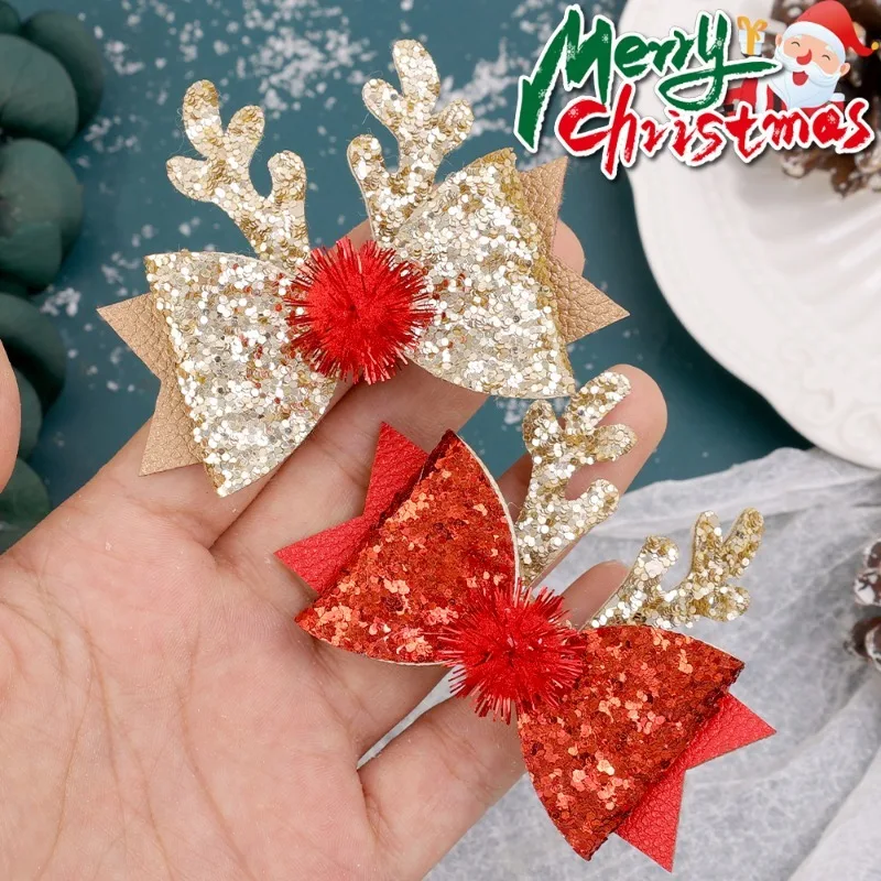 Girl Hair Accessories Children Cute Antlers Bow Hair Clips Baby Kids Glitter Bow Fur Ball Hairpins Christmas Ornaments Headdress