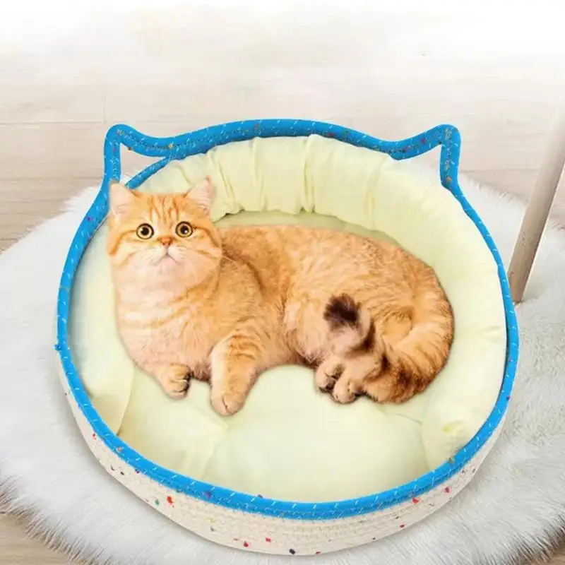 Hand Woven Cat Bed Round Cotton Rope Pet Bed No Sticky Hair Cat Ear Design Scratcher Kitten Bed House Cat Summer Cool Nest