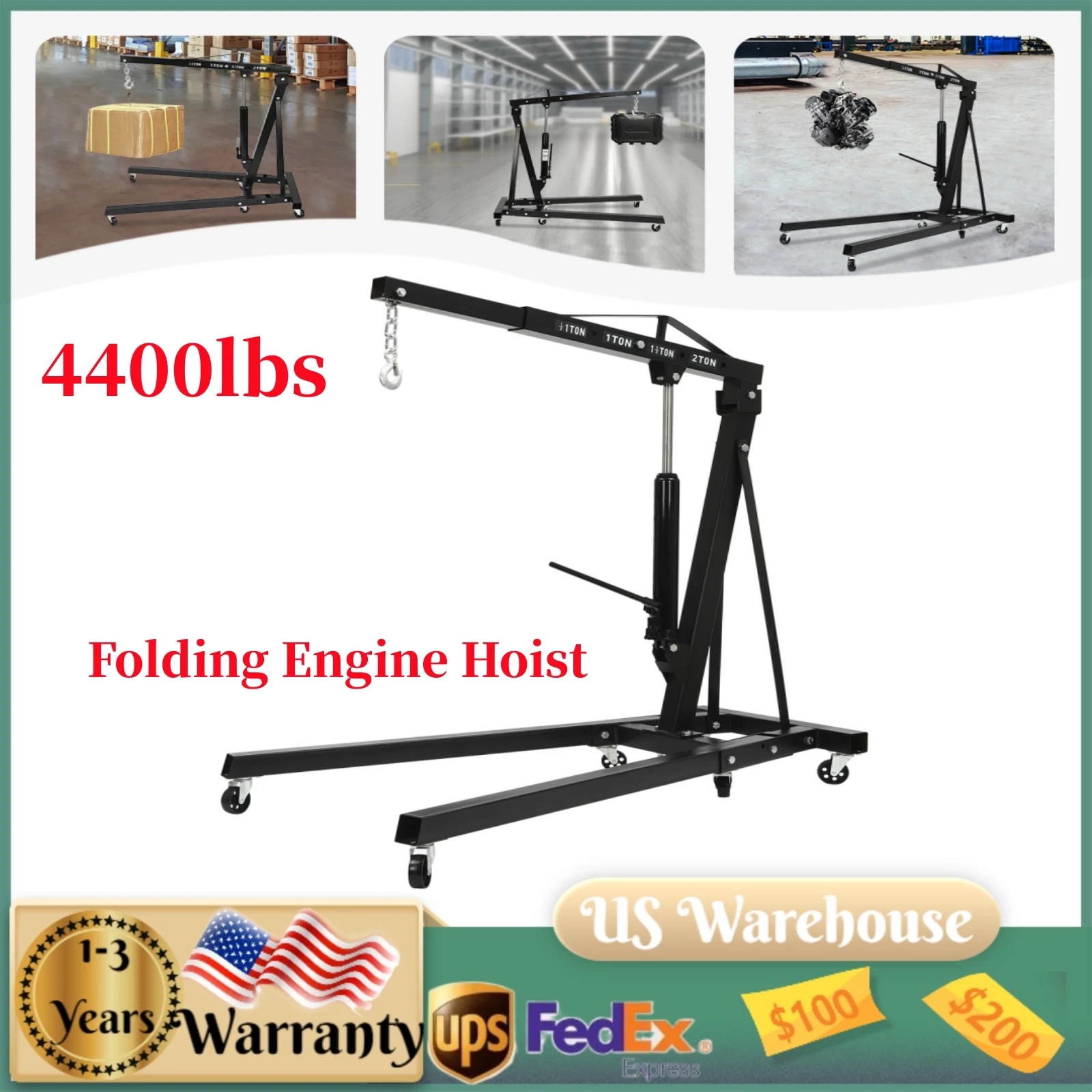 Engine Hoist, 2 Ton Folding Cherry Picker Shop Crane Hoist Lift, Engine Hoist, Heavy Duty Folding Shop Crane with 6 Casters