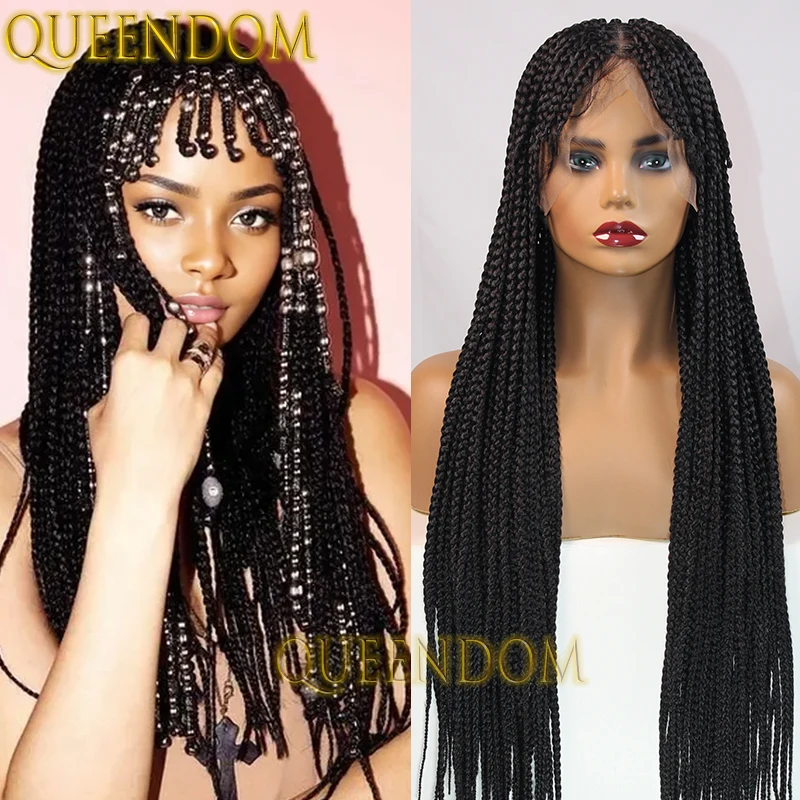 32 Inch Synthetic Box Braids Wig Faux Locs Crochet Cornrow Plaits Braid Wig With Bangs Full Lace Distressed Handmade Braided Wig