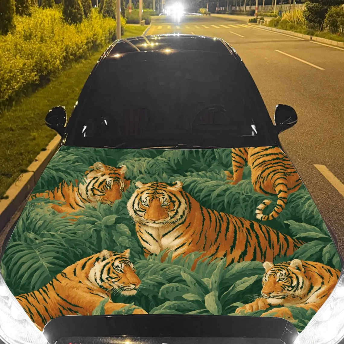 Car Decals Vivid Tigers in a Lush Green Jungle Car Hood Sticker, Waterproof Self - Adhesive Vinyl Graphics Decals, Decorative Pr