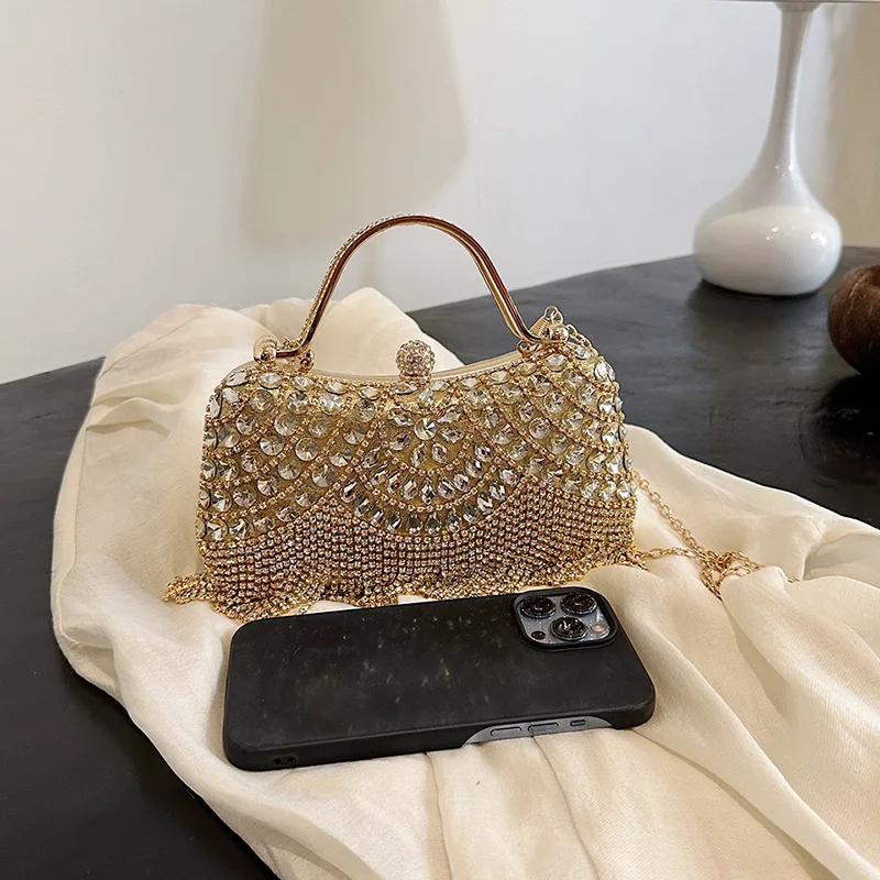 Bolso de mano lujoso con tachuelas de diamante para mujer, Cartera de noche con borlas, monedero de boda, vestido de fiesta con cuentas, 2024