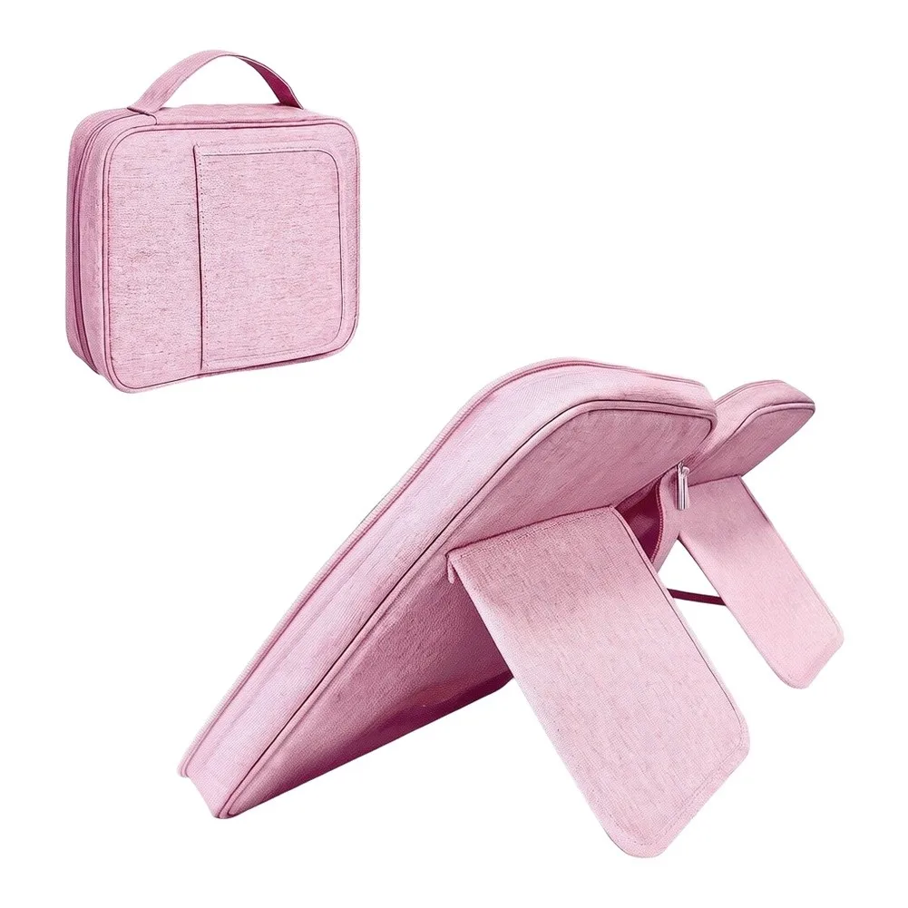 Gray Pink Portable Book Bag With Stand Multi Pocket Handheld Storage Case For Reading Travel School Supplies Fabric Organizer