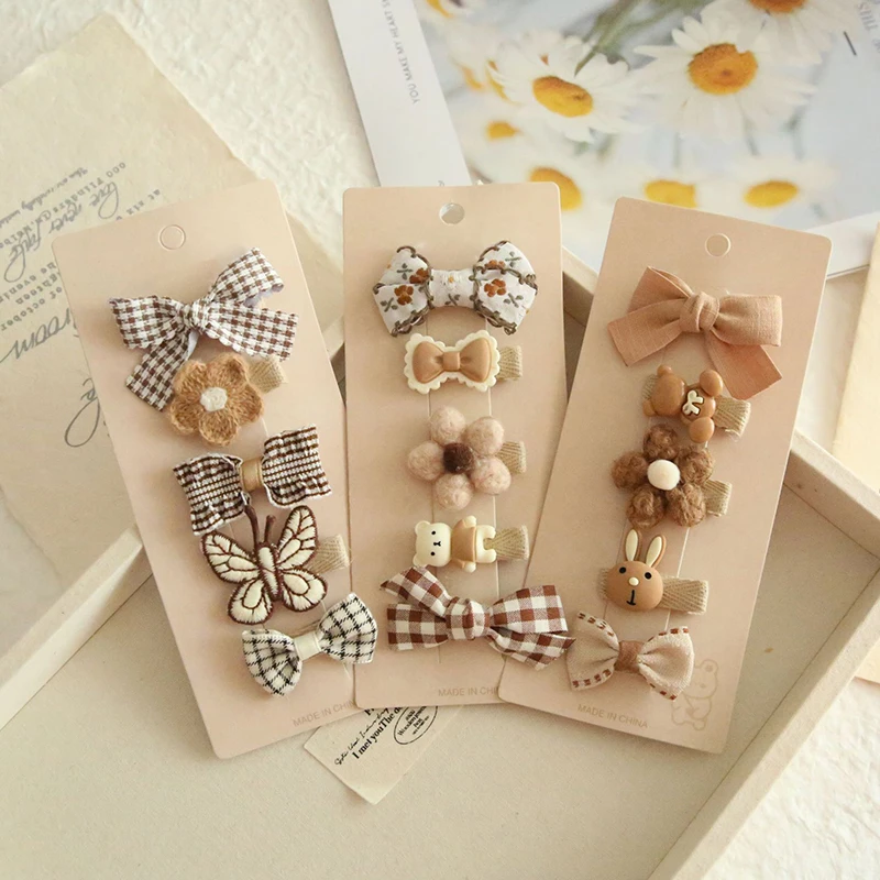 

﻿ 5pcs/set Bow Flower Kint Hairpins Autumn Winter Coffee Butterfly BB Clips Sweet Girl Bowknot Barrettes Headwear Kids Hair Clip