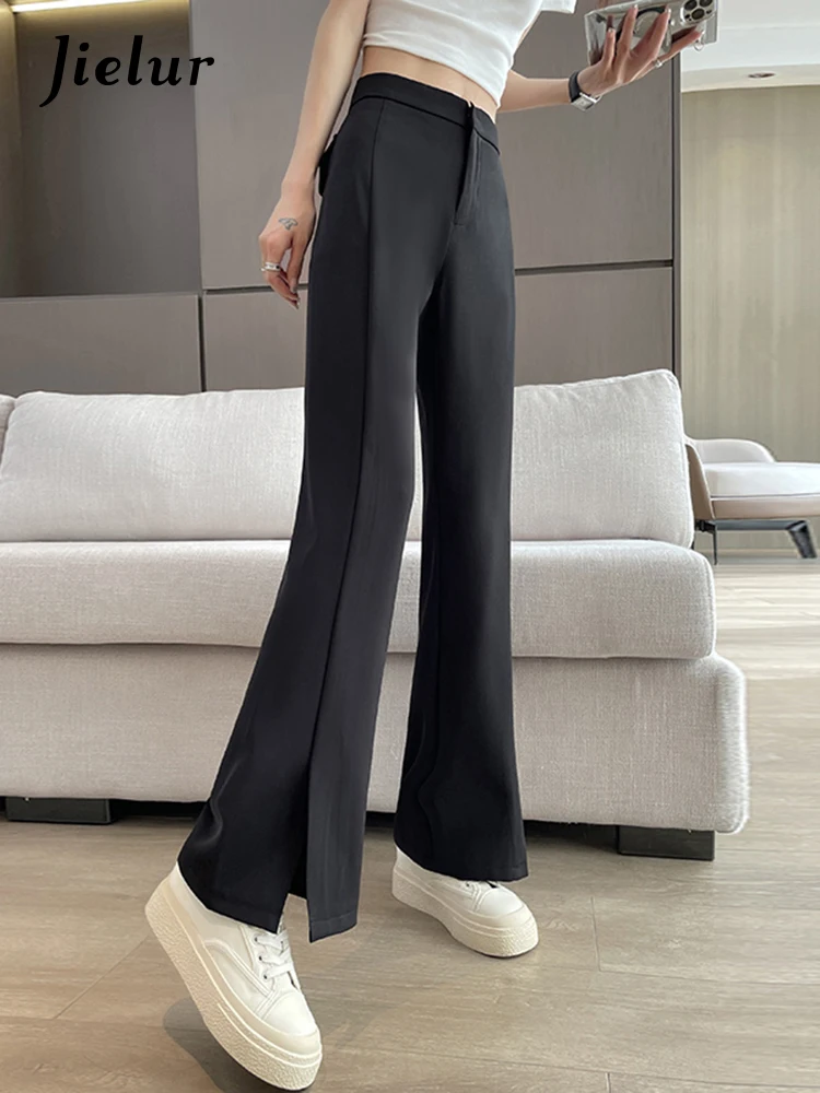 Jielur Summer Split Fashion Female Flare Pants New High Waist Slim Solid Color Casual Suit Pants Korean Style Simple Streetwear