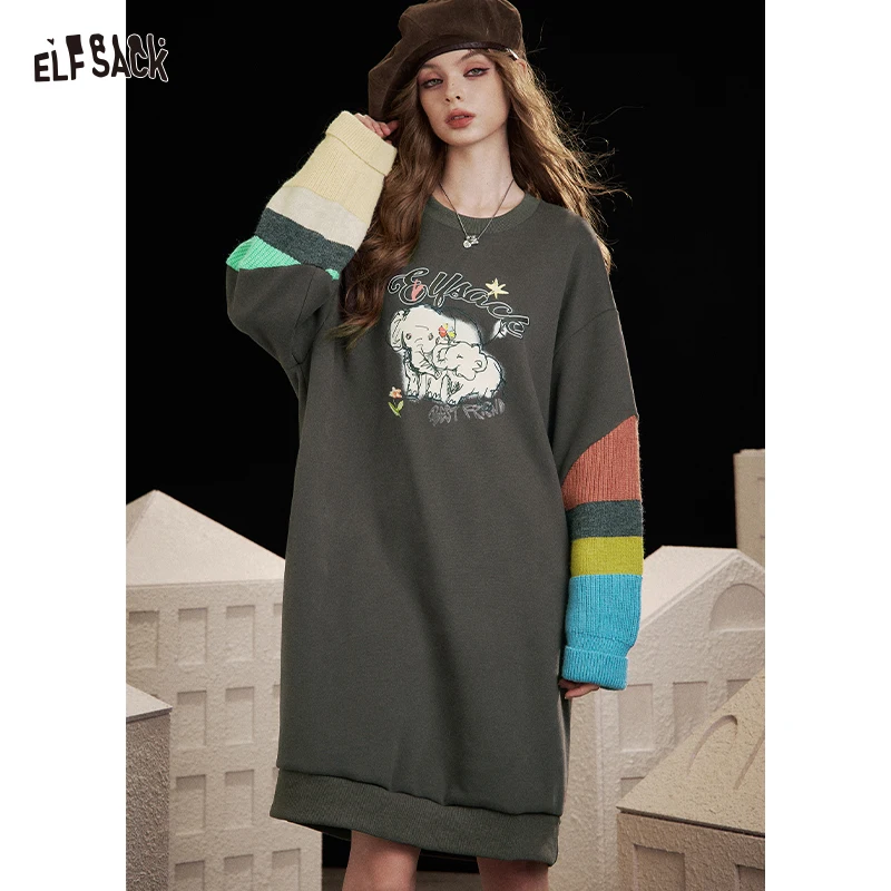 

ELFSACK 2025 Winter New Arrivals Casual Vintage Loose Fit Plaid Pocket Dress For Woman