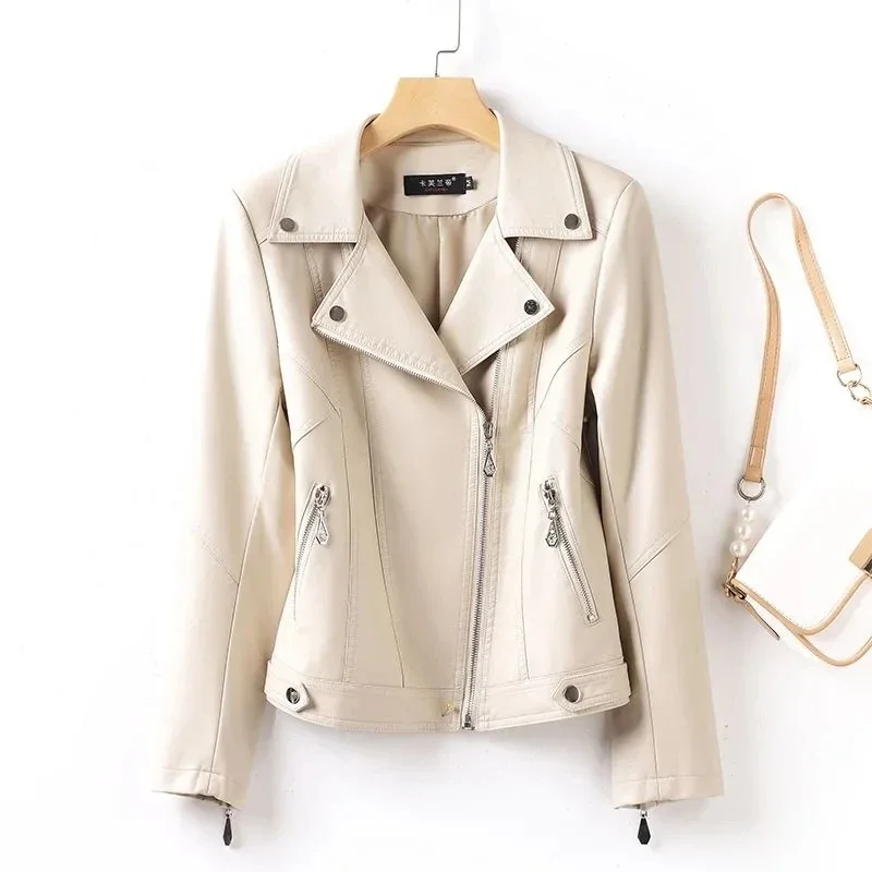 Jaket Kulit Domba Musim Semi Gugur Wanita Model Lokomotif Slim Berbahan Kulit Corium dengan Rivet, Kerah Jas, Ritsleting, Jaket Pendek XQ17