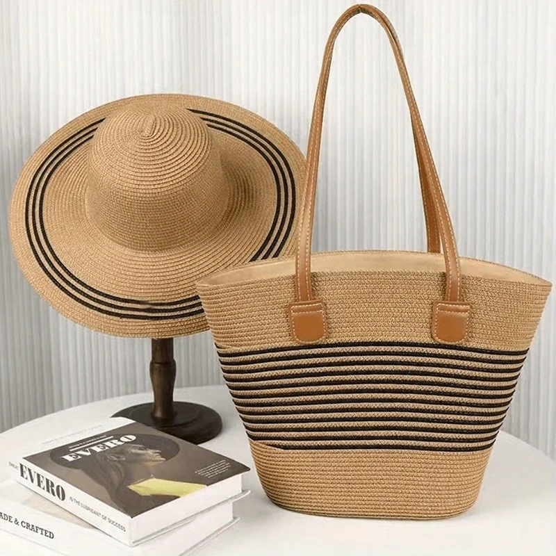 

2 Pieces Ladies Straw Hat,with Handbag,Summer Striped Beach Straw Hat,Sun Protection,Wide Brim Hat,for Outdoor Seaside