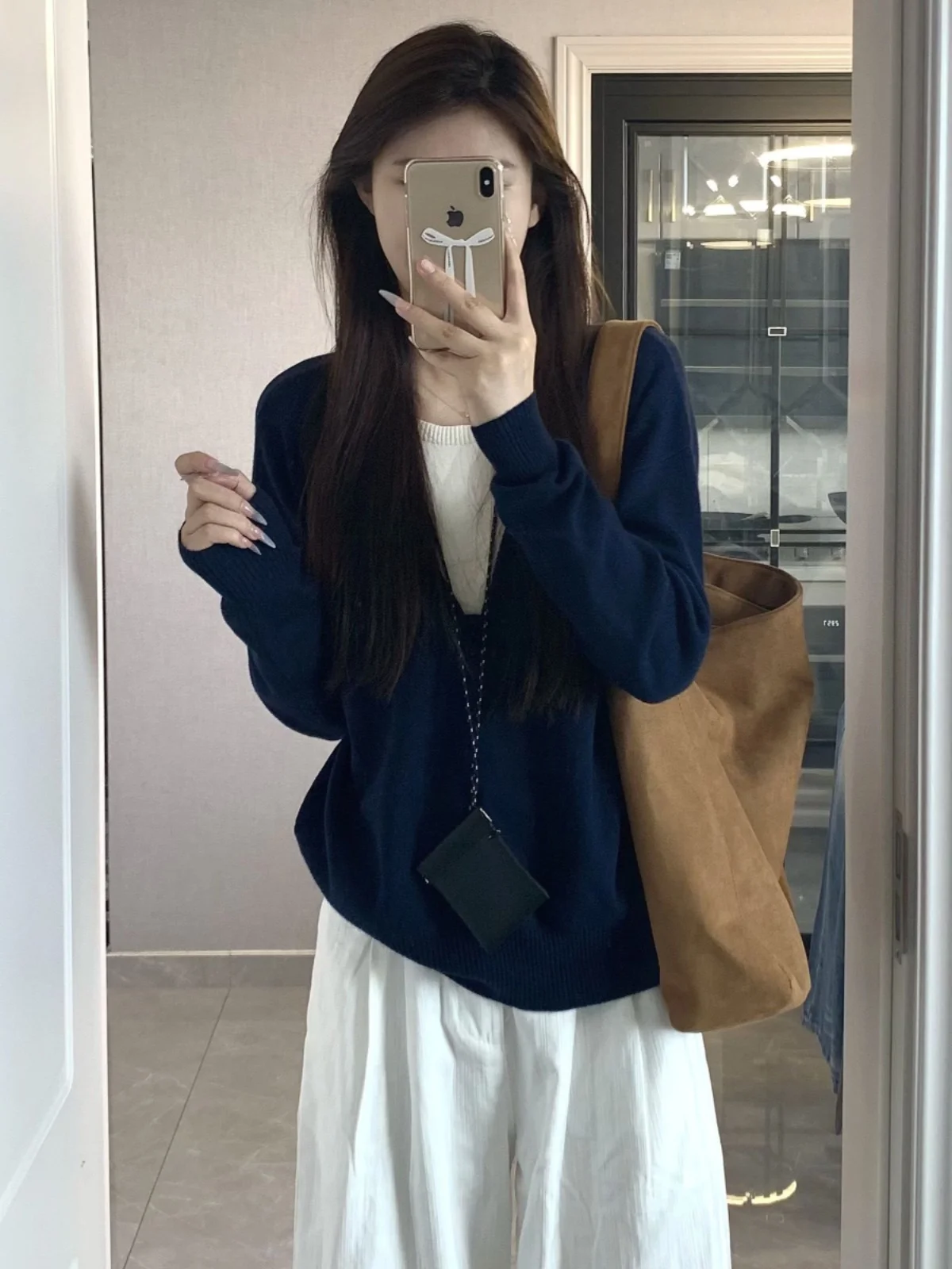 الأمريكية كسول Sle اللون بلو فضفاض محبوك V-Ne أعلى المرأة ربيع الخريف التخسيس طويل Sve سترة عارضة Faion