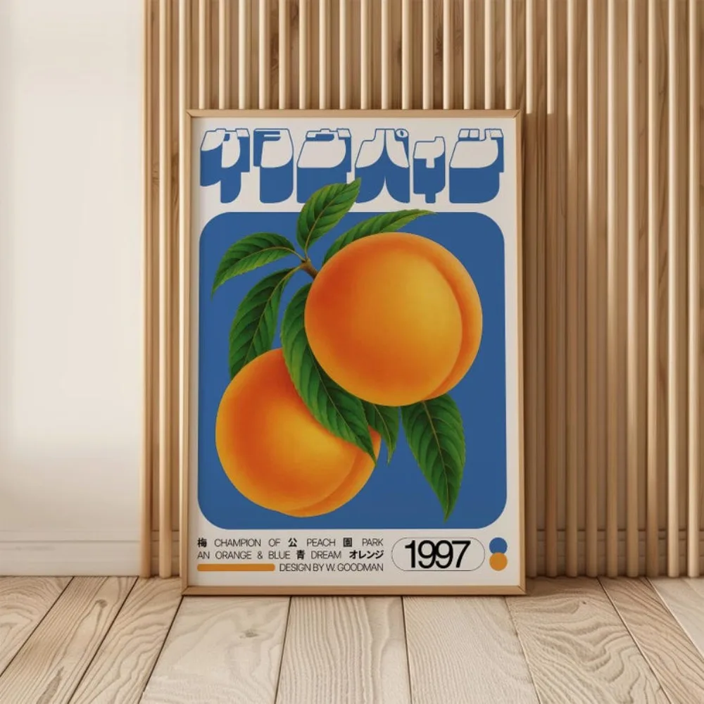 ملصق Champion Peach مطبوع عليه فاكهة يابانية عتيقة، لوحة فنية جدارية على شكل شجرة الخوخ، جمالية مستوحاة من موجة البخار في التسعينيات، تنزيل رقمي قديم