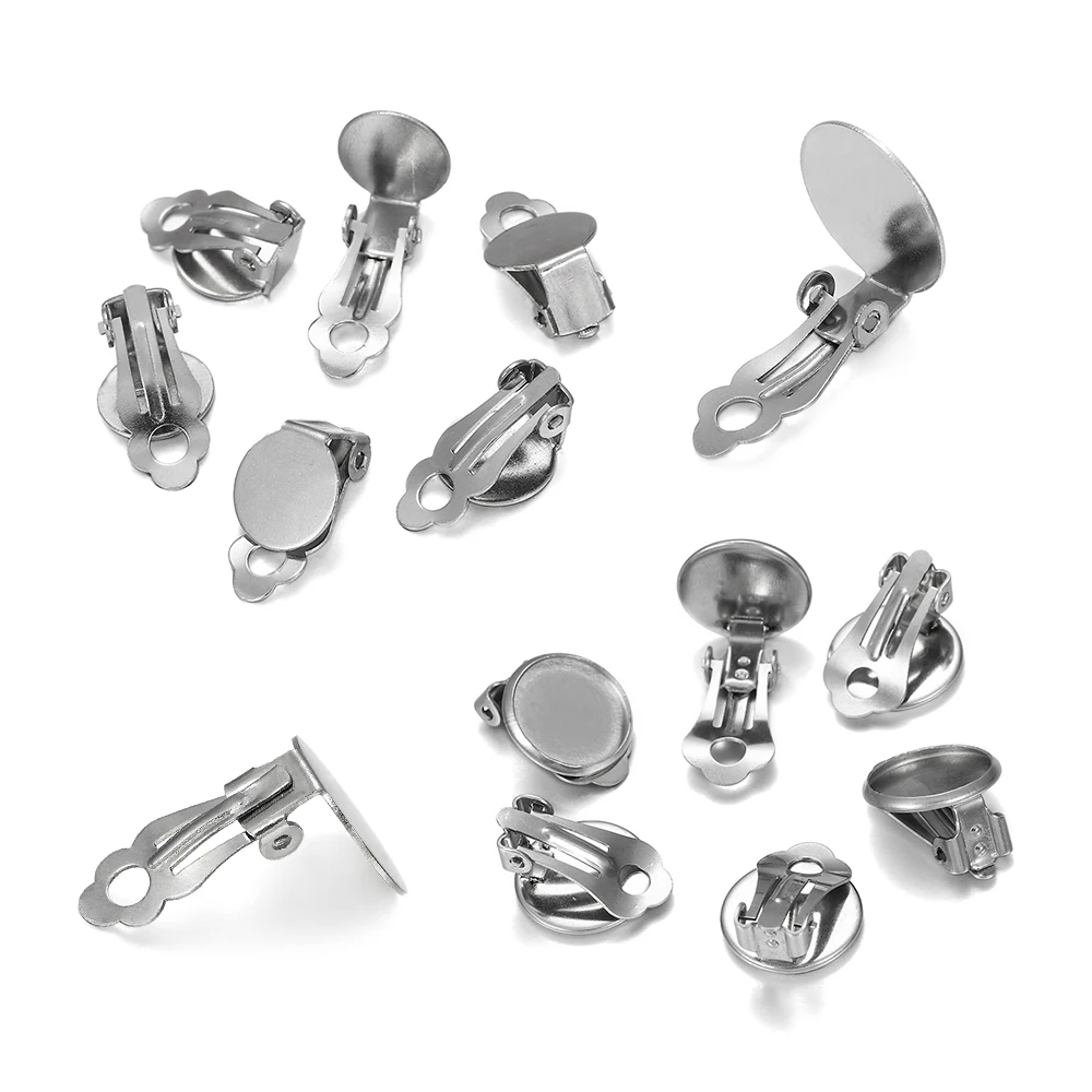 10pcs/lot 8-14mm Stainless Steel Round Flat Ear Clip Blank Base Cabochon Bezel Tray Earrings Clips For DIY Jewelry Making Supply