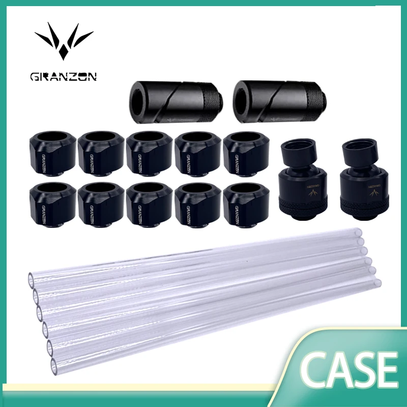 Granzon Fitting Kit for OD14mm 50cm PETG Hard / Frosted Tube / with 360 Degree Rotary Fitting Water Cooling Rigid Pipe Connector
