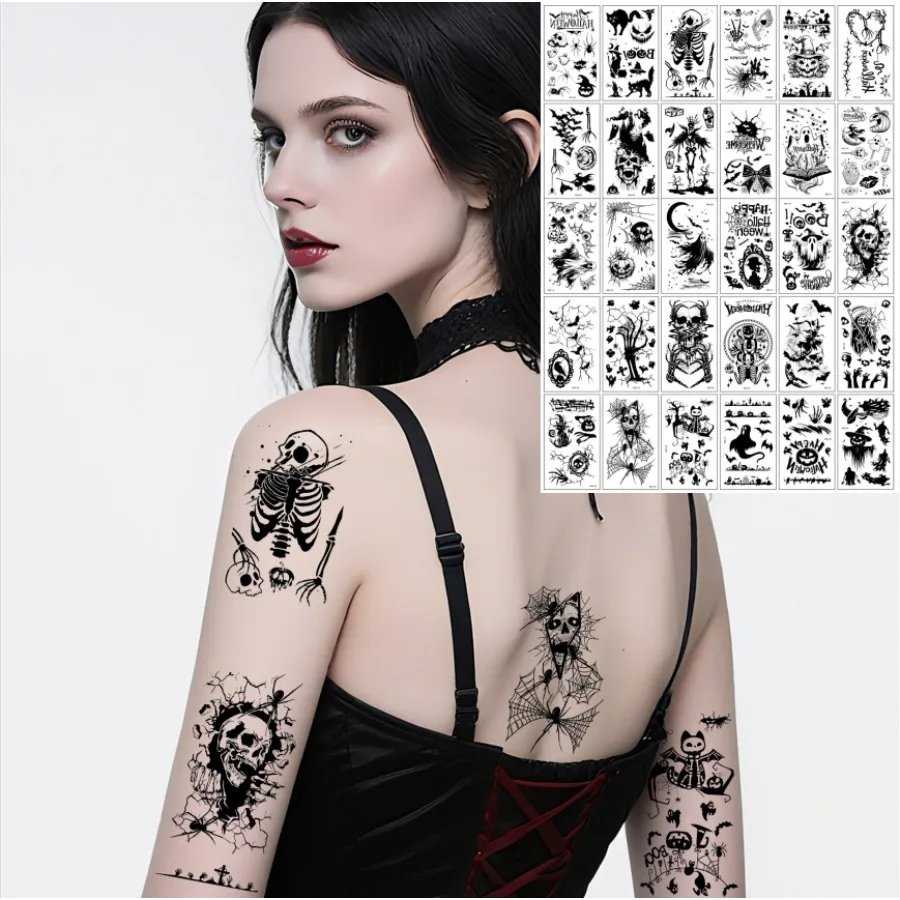 30/60pcs Halloween Pumpkin Spider Tattoo Stickers Party Realistic Disposable NecK Face Body Decor Fake Temporary Tattoo Unisex