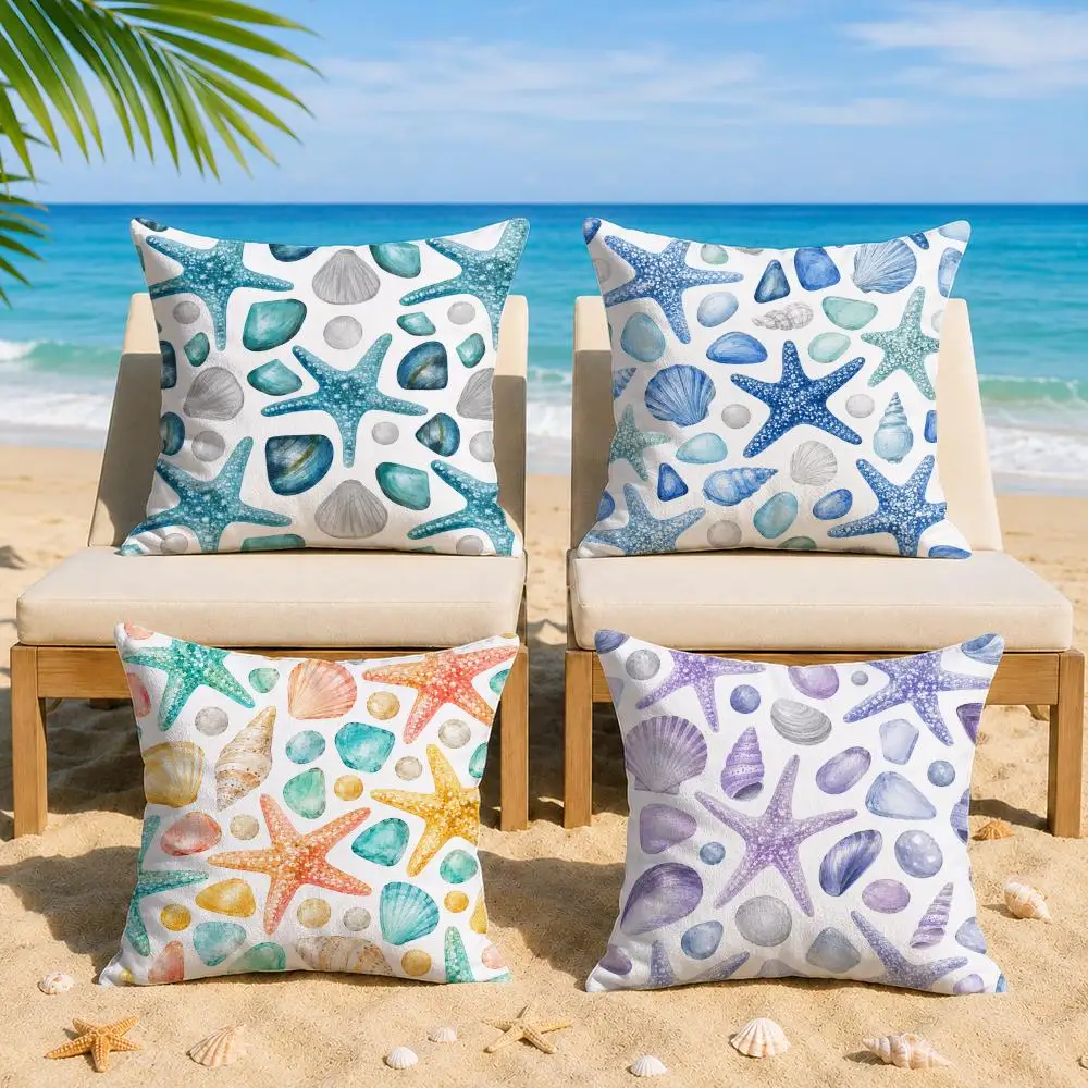 Large Starfish Shell Print Cushion Cover Short Plush Soft Double-Sided Printing Pillow Case Cozy Sofa Bedroom Home Decor Gift