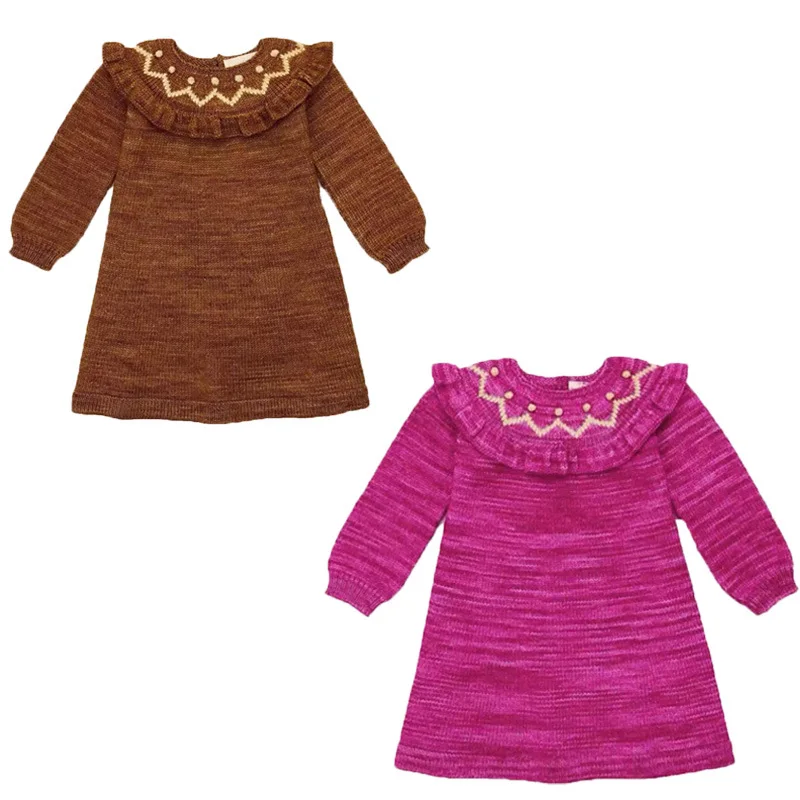 Girls' Knitted Floral Wool Dress Classic Holiday Hand Hook Yarn Dress Autumn and Winter 2026 New Girls Long Sleeve Dress