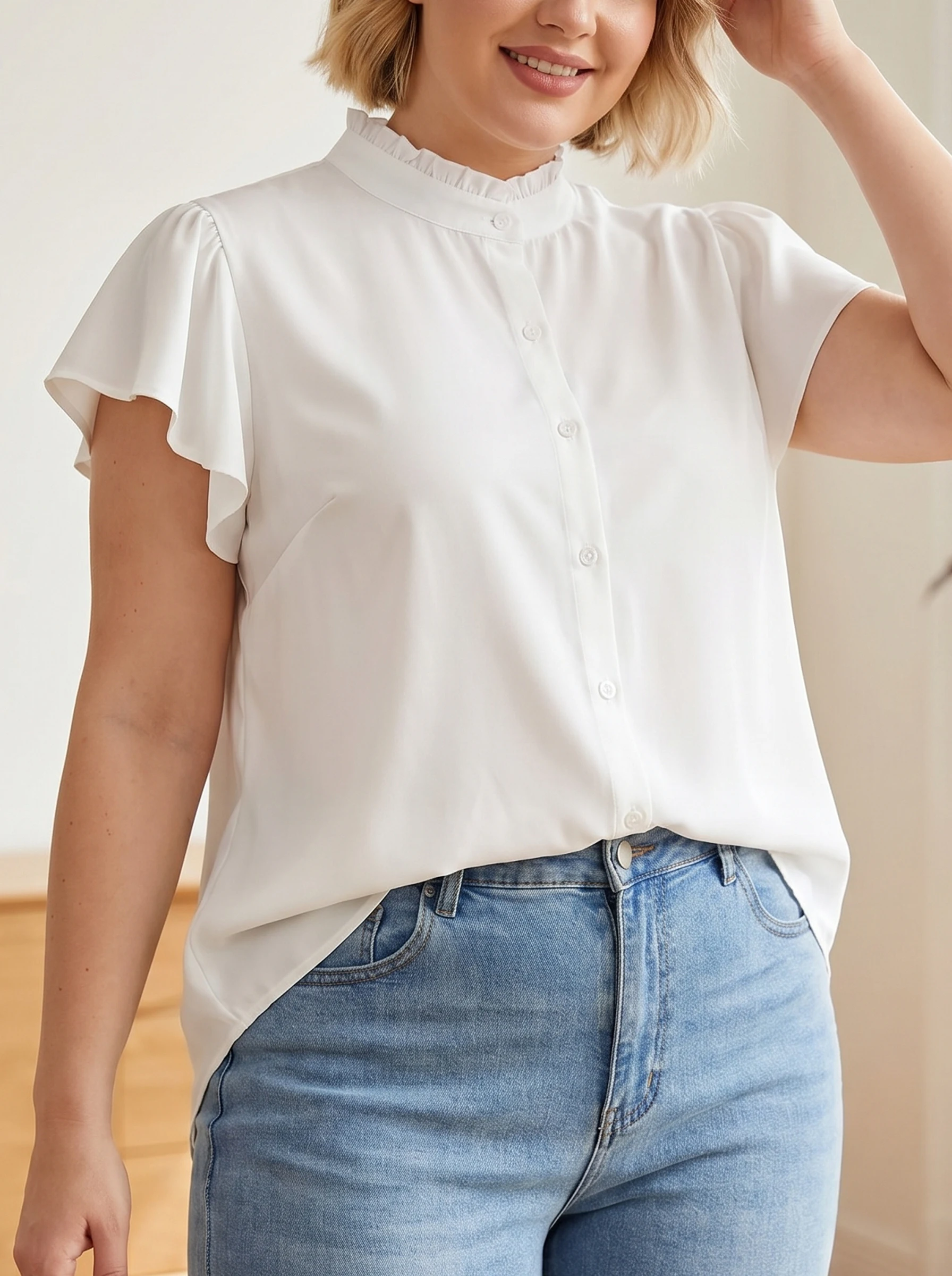 

Gadinus Plus Size Women's Flutter Sleeve Blouse Ruffle Collar Button Front Loose Fit Curved Hem Tunic Top