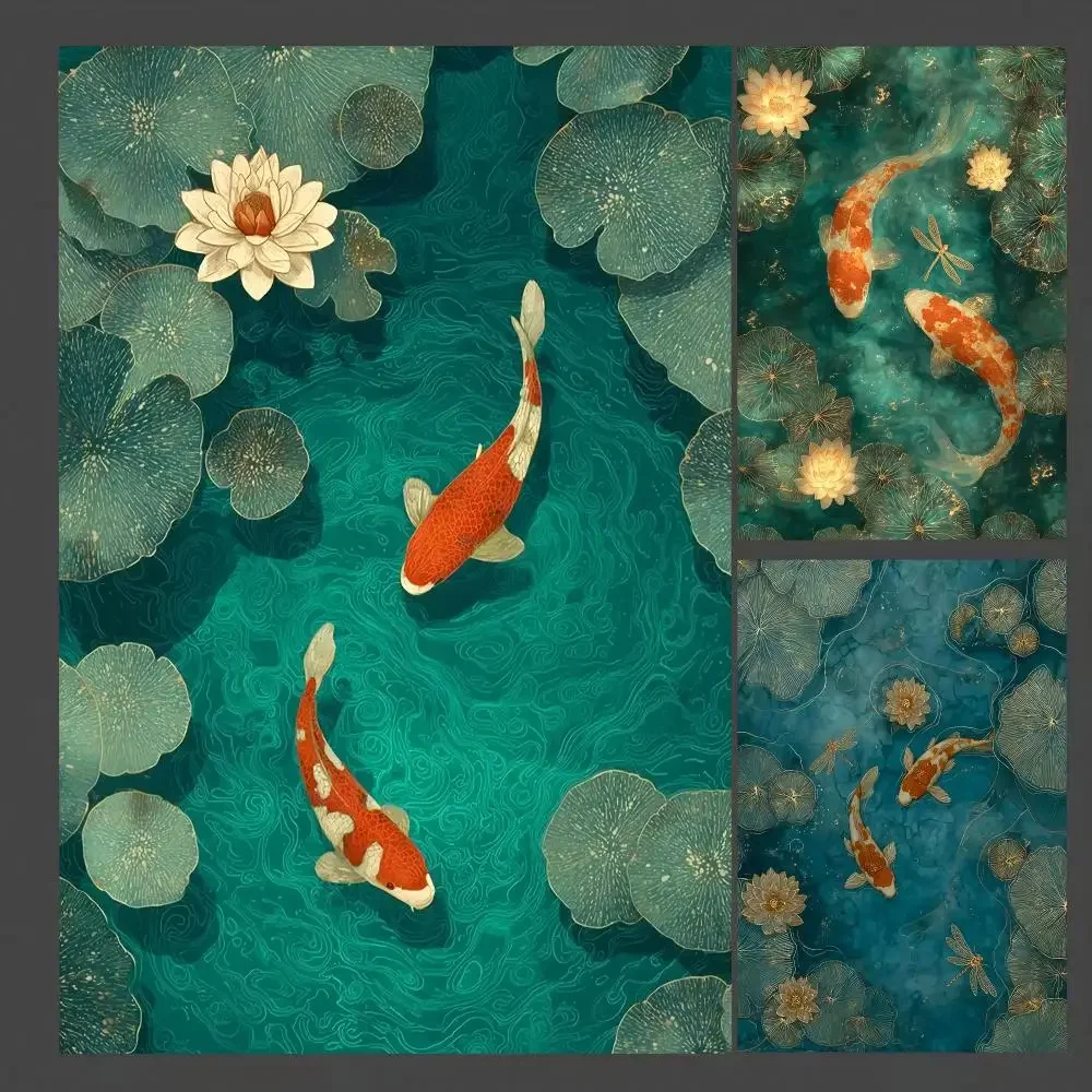 Elegant Koi Fish Canvas Poster Emerald Green Pond Asian Zen Gold Lotus Dragonflies Japanese Home Decor Painting Calligraphy