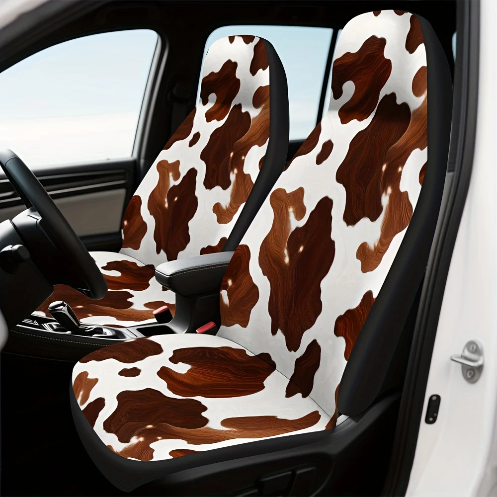 

2pcs Brown Cowhide Themed Auto Seat Covers - Soft Washable Fabric, Universal Fit For SUV, Sedan, Truck, Stylish Interior Accent