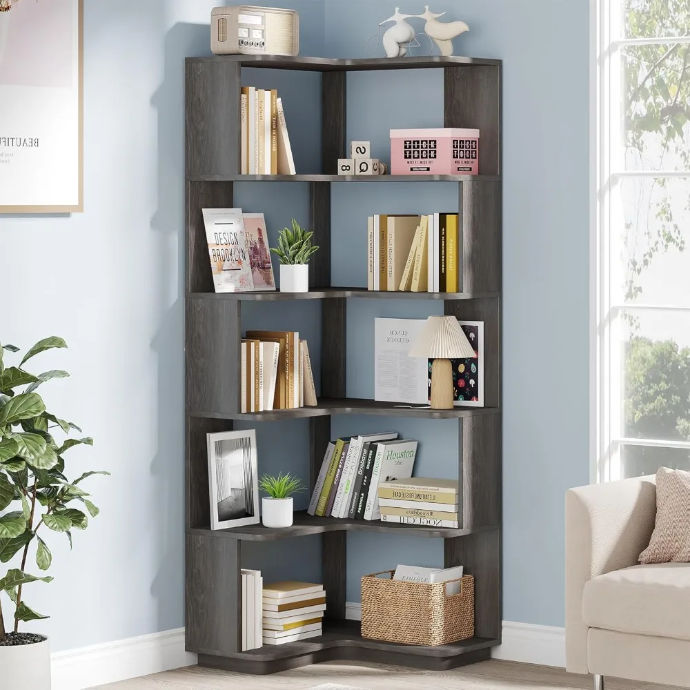 

6-level corner bookshelf, 64.9 inch high bookshelf with anti-fall panel, freestanding display shelf storage organizer, gray