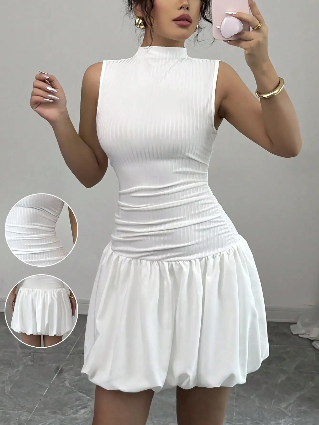 

Elegant tight small turtleneck sleeveless pleated lantern hem AB fabric splicing pit strip woven white summer women's dress