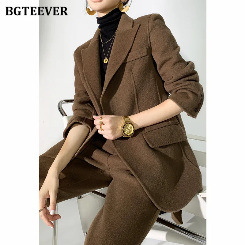 BGTEEVER Autumn Winter Woolen Pant Suits Women Thick Belted Jackets Ladies Wool Pants Warm Trousers Set Female