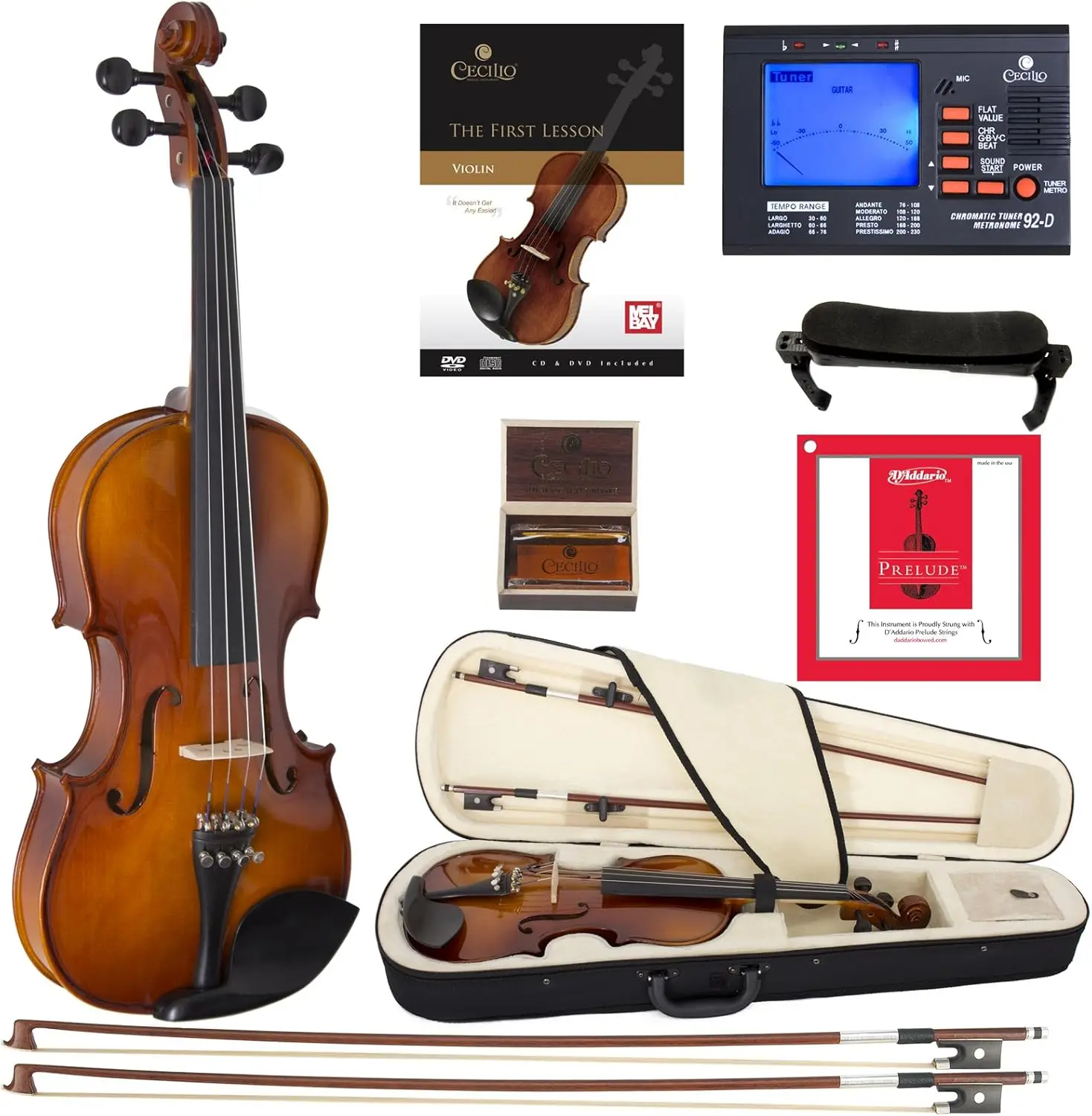 CVN-320L Solidwood Ebony Fitted LEFT-HANDED Violin with D'Addario Prelude Strings, Size 4/4 (Full Size)