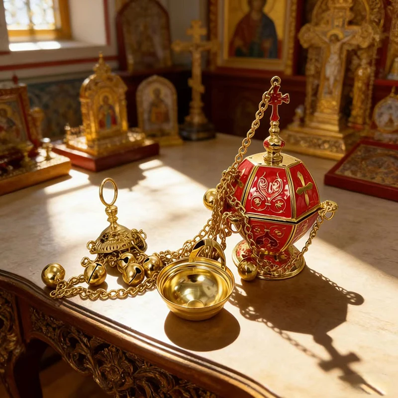 Byzantine Gold Plated Orthodox Hanging Censer with Red Enamel Patterns and Bells for Church Liturgy Incense Burning Devotion Gif