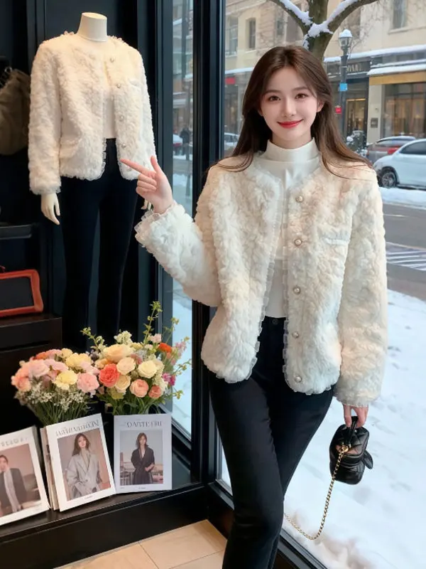 

Korean Sle Gentle Faionable ort Outerwear Lamb Fur Loose Top Spring Season Youthful Looking Casual Women's Coat