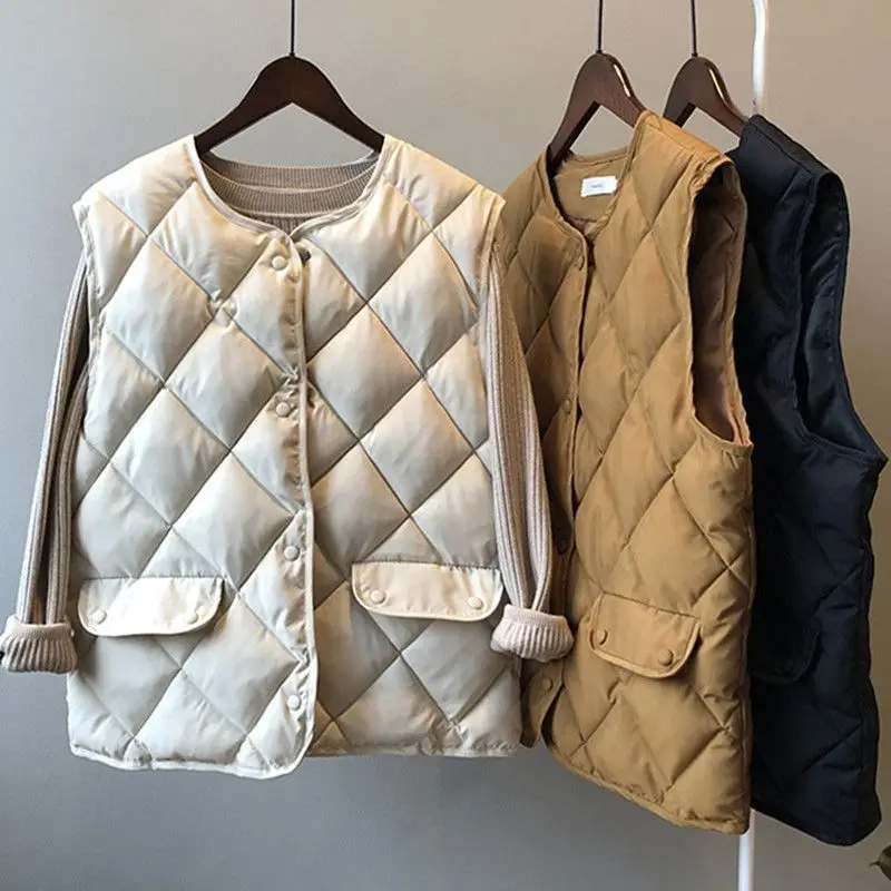 Women's Short Cotton Vest Autumn Winter Outerwear Diamond Pattern Korean Style Versatile Tank Top Commute Style Single Button