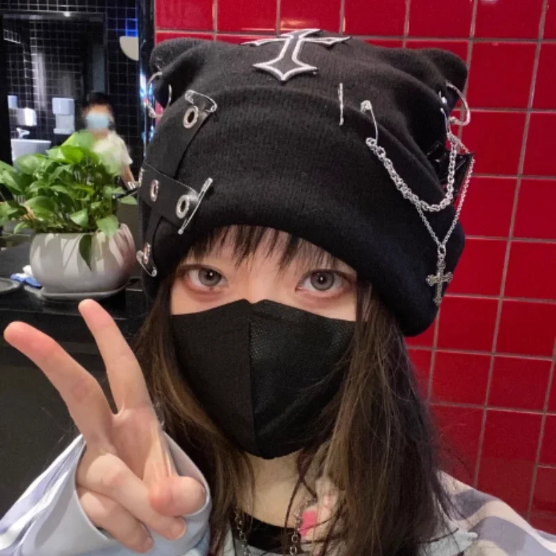 Y2K Hip Hop Jirai Kei Cross Chain Knitted Wool Hat Subculture Punk Cat Ear Hats Autumn and Winter Yabi Warm Cat Ear Capes Female