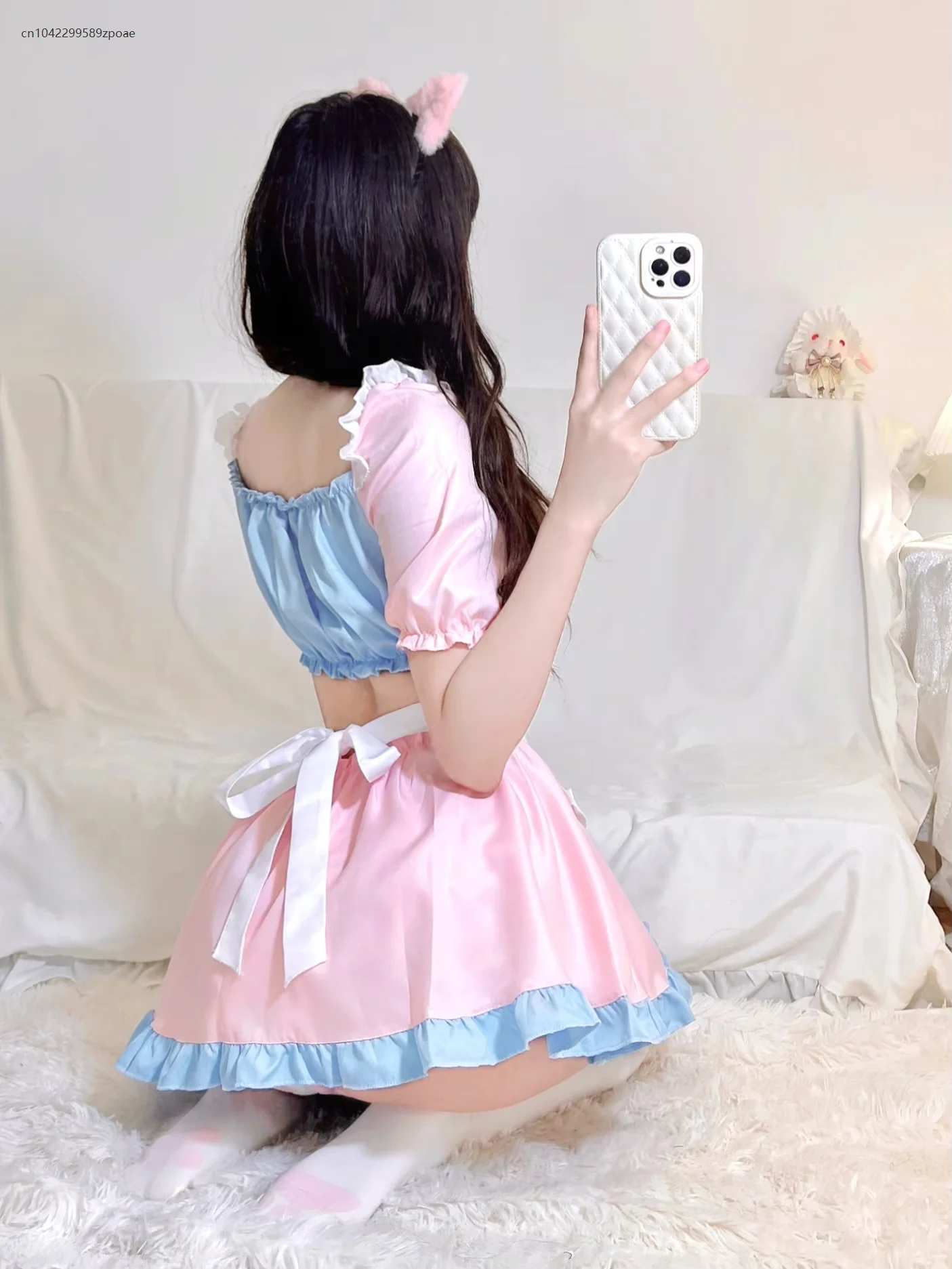 Maid Sexy Cute Cosplay Sweet Dress Women Lovely Lolita Puff Sleeve Anime Temptation Kangaroo Pocket Puff Sleeve Patchwork