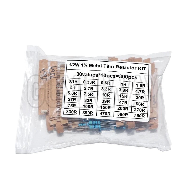 1/2 واط 1 واط 2 واط 3 واط المقاومة 1% معدن مقاوم من غشاء مجموعة متنوعة 30 قيم 1R ~ 750R 1 كيلو ~ 820 كيلو أوم
