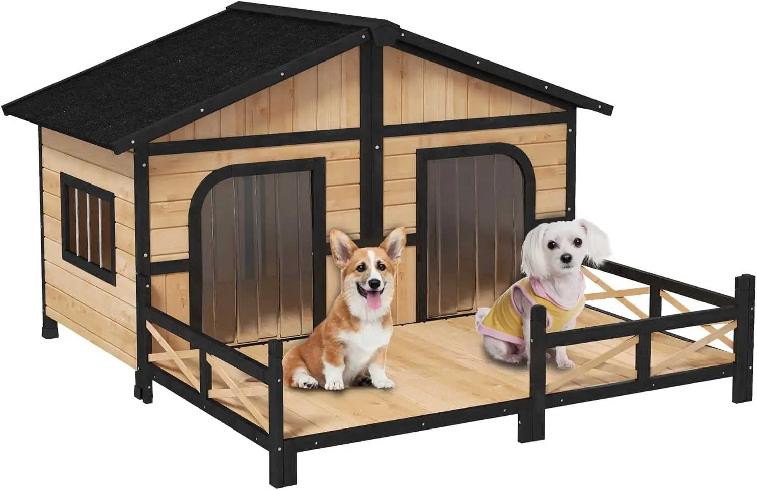 Wooden Large Dog House Outdoor Double XL Dog Kennel with Elevated Floor and Porch, Weatherproof Puppy Shelter , Natural