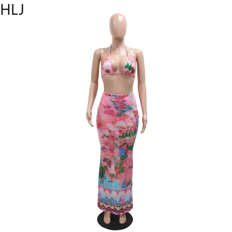 HLJ Summer Sexy Colorful Print 3 Piece Bikinis Set Spaghetti Strap Crop Top + Underpants + Maxi Skirts Suit Excluding Headscarf