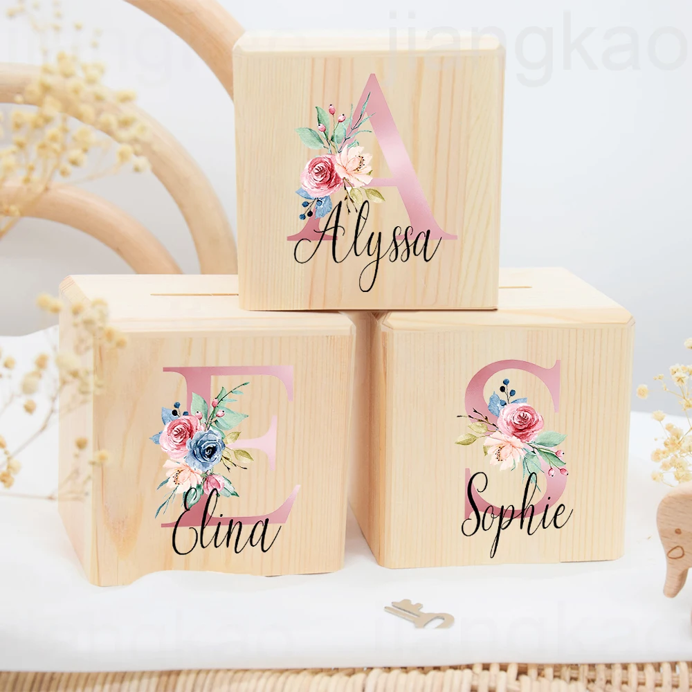 Personalized Money Box Initial with Name Kids Money Boxes Coin Collection Case Wooden Coin Bank Birthday Shower Gift for Girls