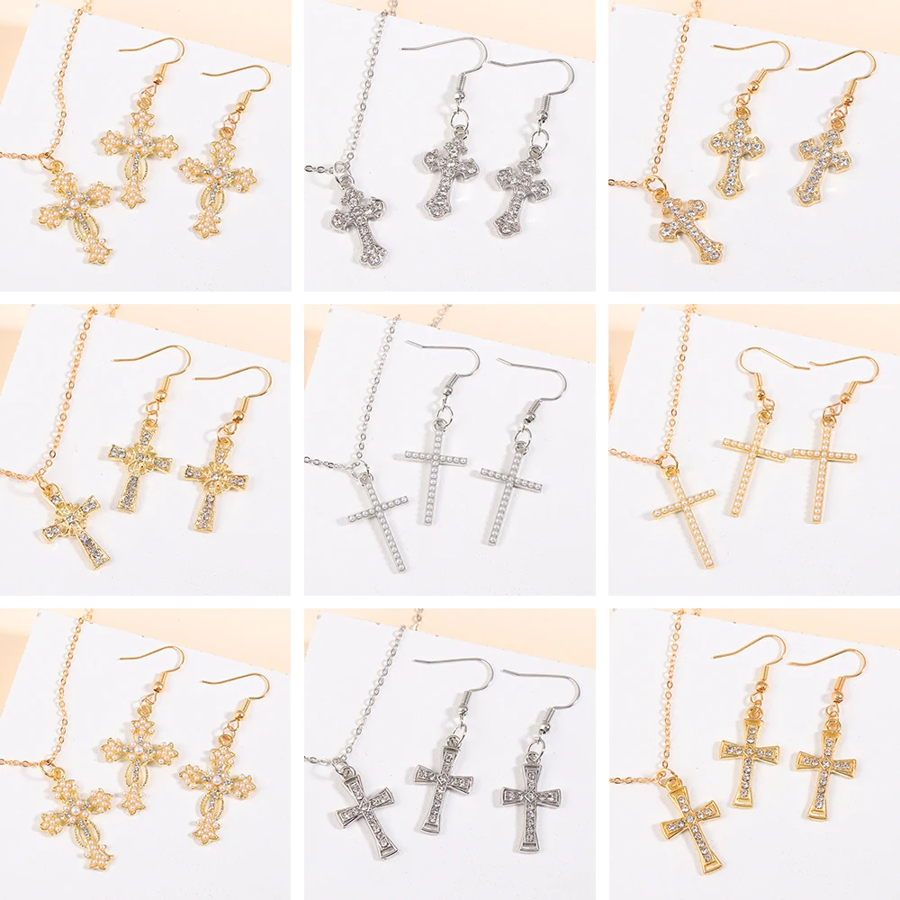 Fashion Rhinestones Cross Charms Necklace Earrings Jewelry Set Trend Personality Pearl Crucifix Jewelry For Friend Gifts