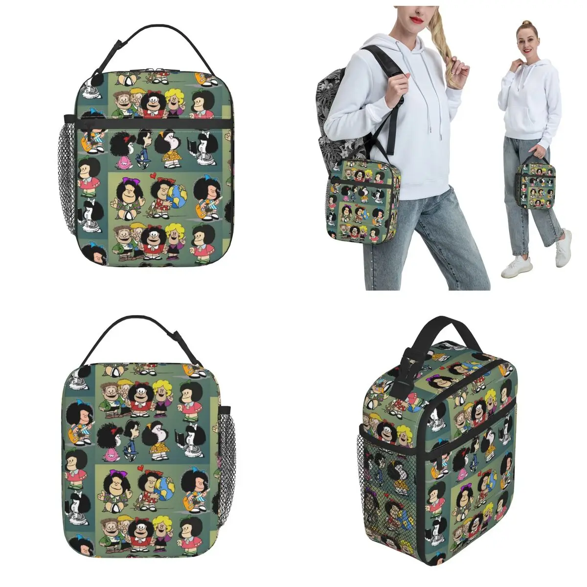 Kawaii Cartoon Mafalda Anime Insulated Lunch Bag Portable Manga Plaid Lunch Container Thermal Bag Tote Lunch Box Beach Food Bag