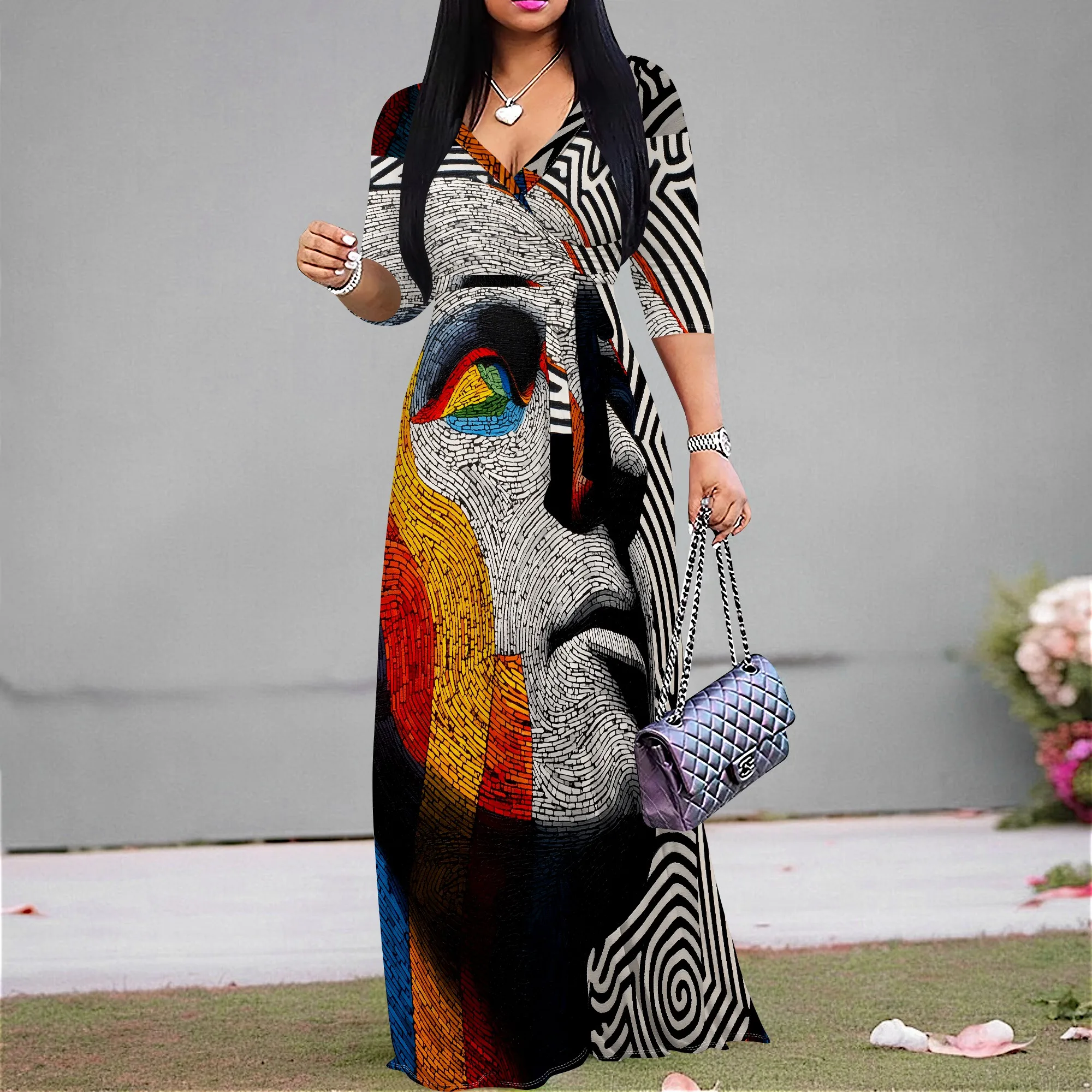 

Plus Size Abstract Art Print Maxi Dress for Women Elegant V-Neck Wrap Summer Party Dress with Belt XS-3XL