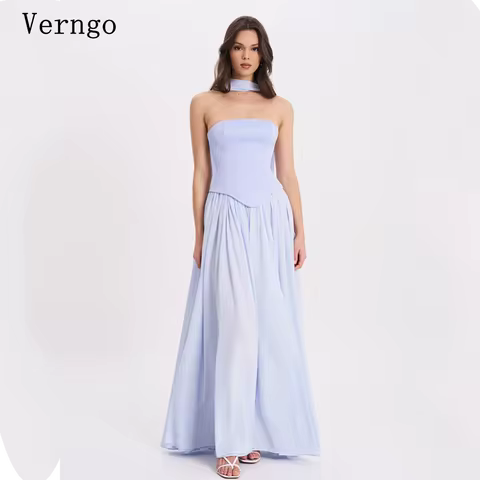 Verngo Light Blue Chiffon Prom Gown Strapless A Line Formal Occasion Dress Simple Side Silt Evening Dress Customized