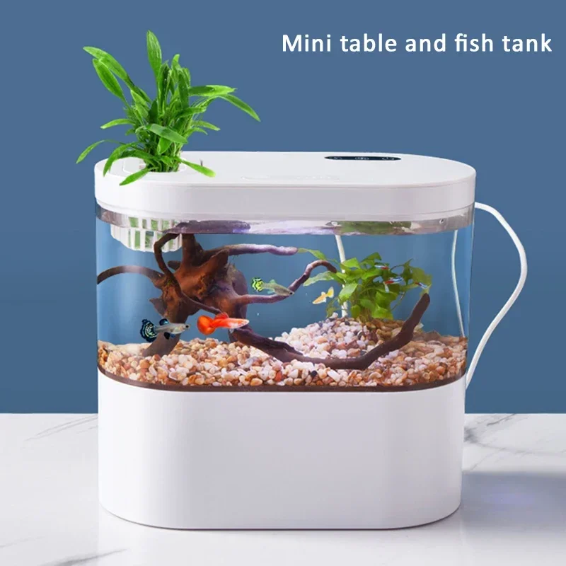 Creative LED Light Small Aquarium Desktop Decoration Mini Fish Tank Ecological Landscape Design Betta Fish Tank Accessories