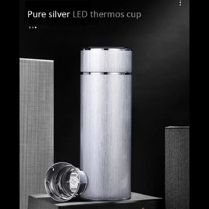 

320ML Pure Silver Insulated Water Bottle, LED Intelligent Temperature,Edible Grade,Leak Proof,Water And Tea Separation,High-end