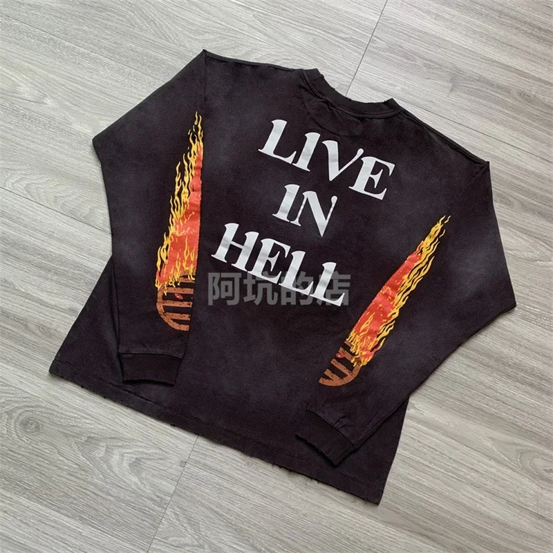 25SS القطن الخالص سانت مايكل لهب نمط هوديس الرجال النساء 1:1 غسلها أسود بأكمام طويلة تي شيرت