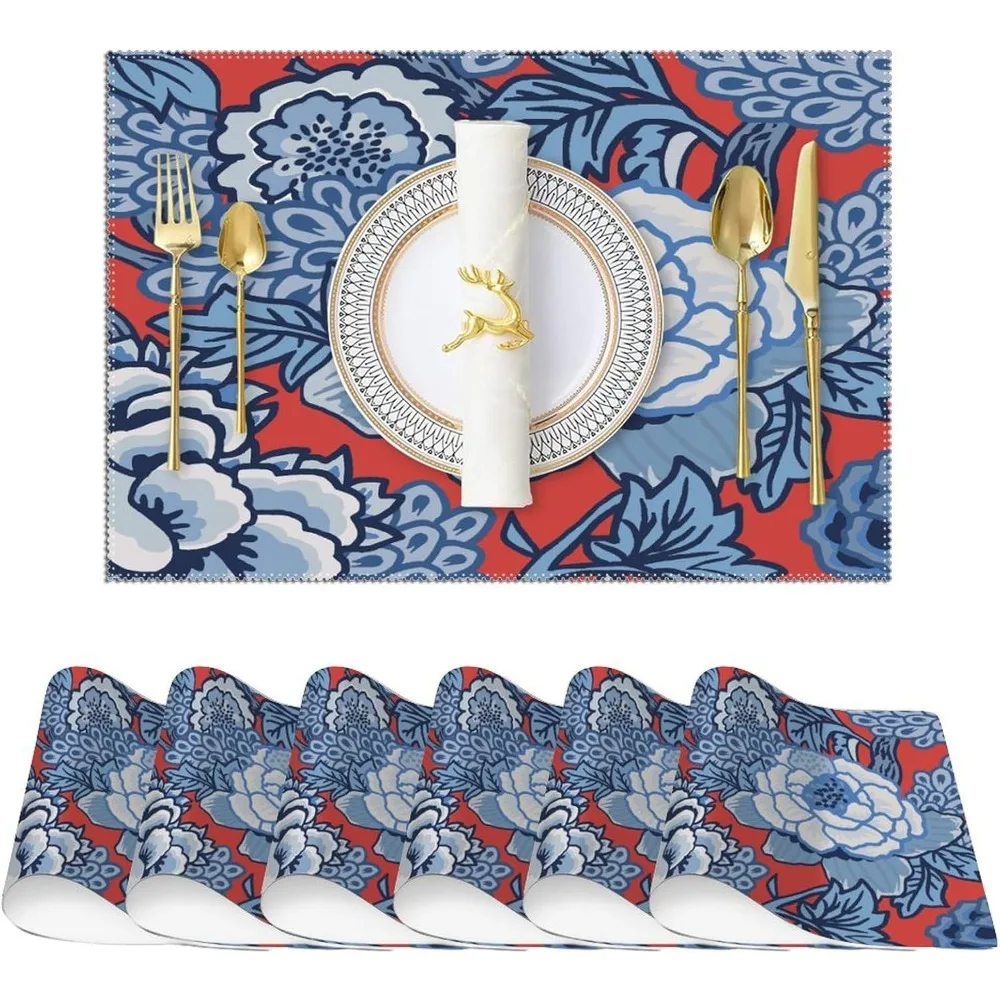 

Blue And Red Honshu Peony Flower Floral Placemats Set Of 6 Chinoiserie Washable Cloth Fabric Place Mats Asian Inspired Dining Ta