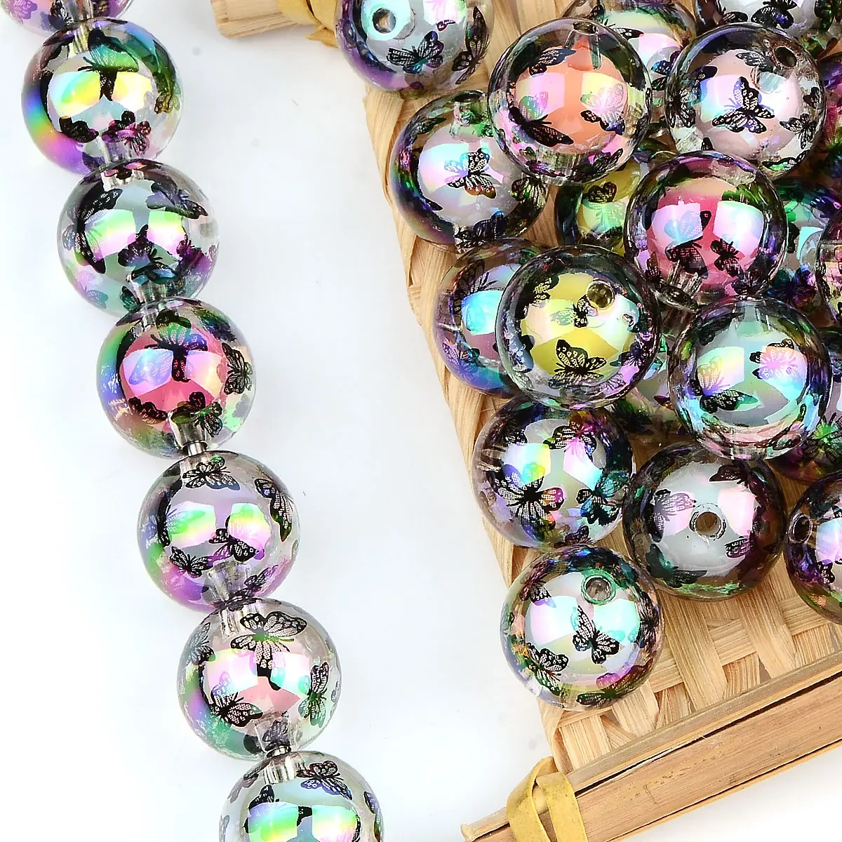 5pcs 1.6cm Random Color Mix Colorful UV Plated Black Round Beads Butterfly Pattern Acrylic Beads DIY Bracelet Accessories