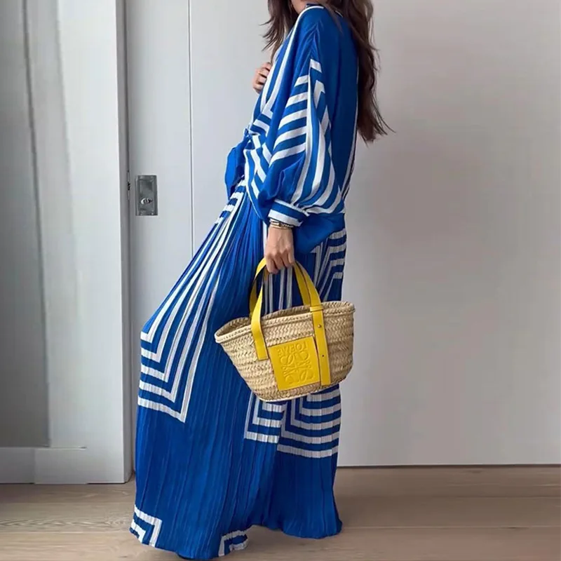 Printed Striped Shirt And Pants Set For Women, Pleated Straight Leg, Wide-leg Pants, Spring And Autumn, 2-Piece Set