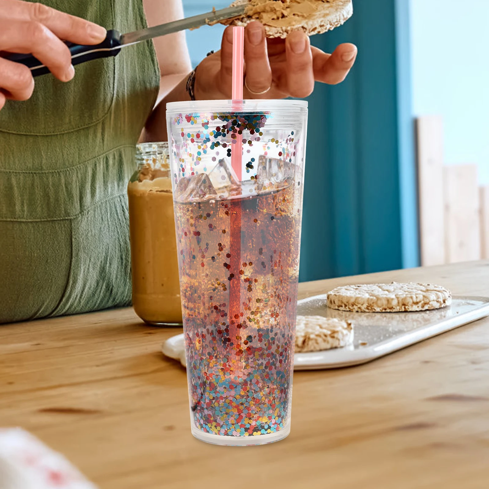 

Reusable 710ml Sequins Cup Double Layer Tumbler Ice Coffee Cup Straw for Coffee Tea Milk Milk Cups Juice Drinks