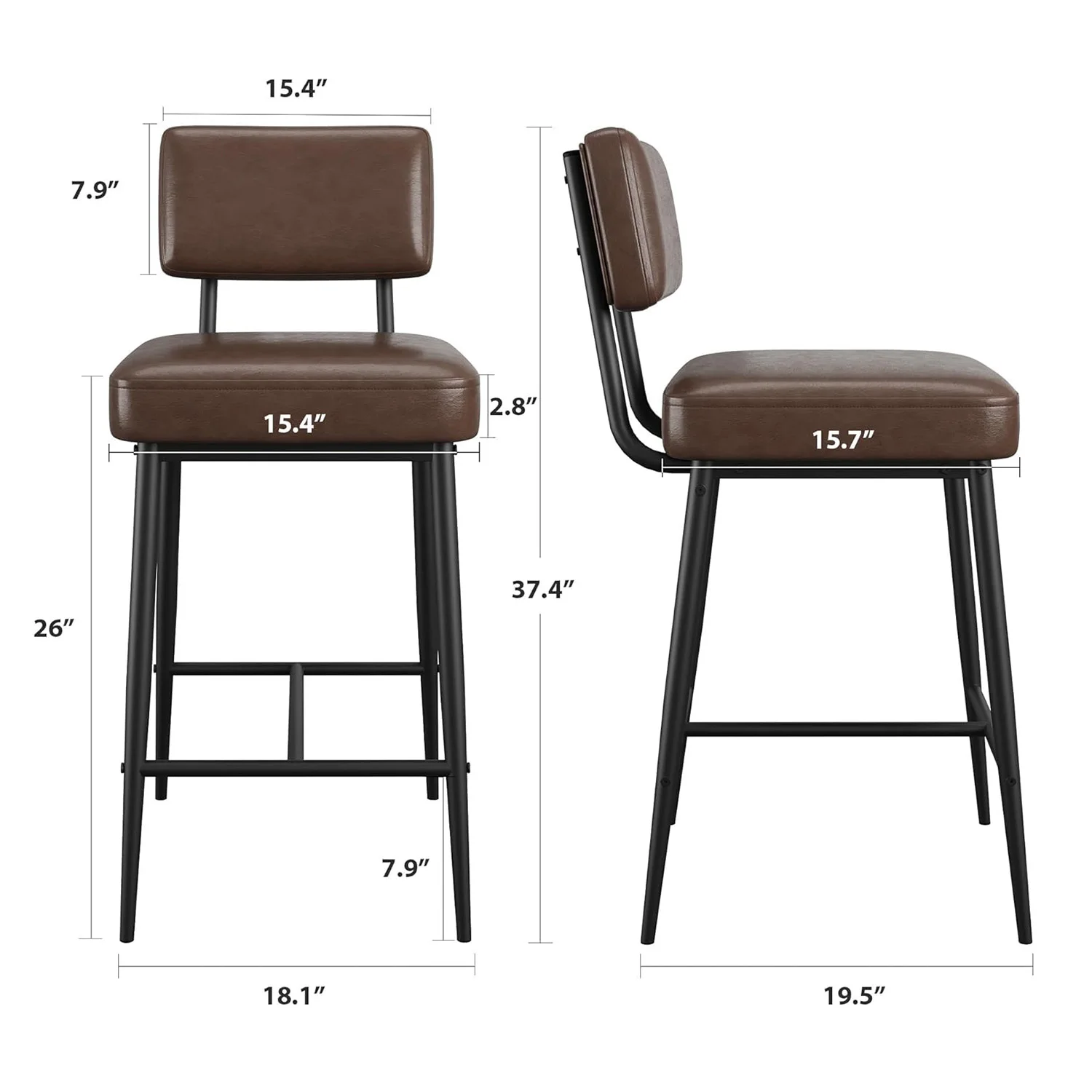 2 Pcs Bar Stools,Faux Leather Counter Height Bar Stool with Back, Metal Legs, Upholstered Barstool Chairs for Island,Counter Bar