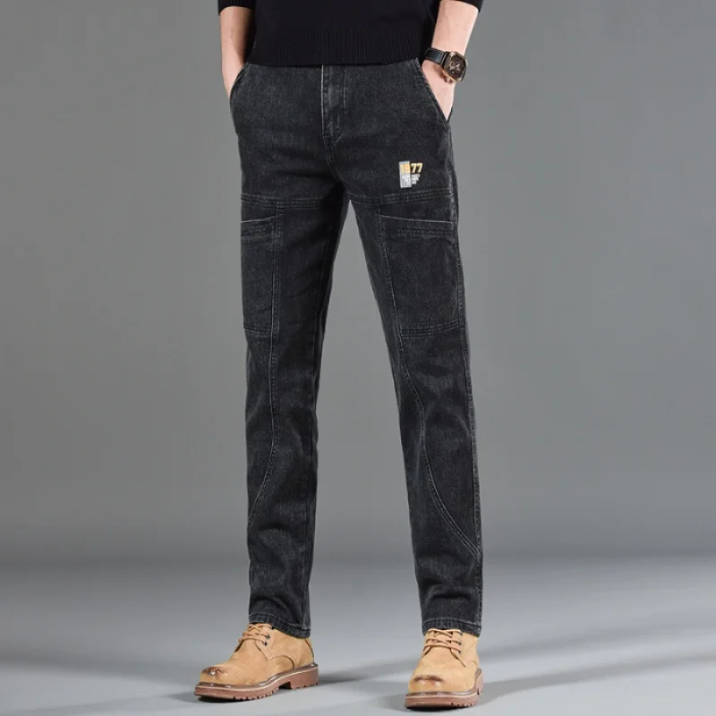 Jeans multi bolso masculino, moda slim fit, perna reta pequena, calça casual elástica versátil, nova, 2024