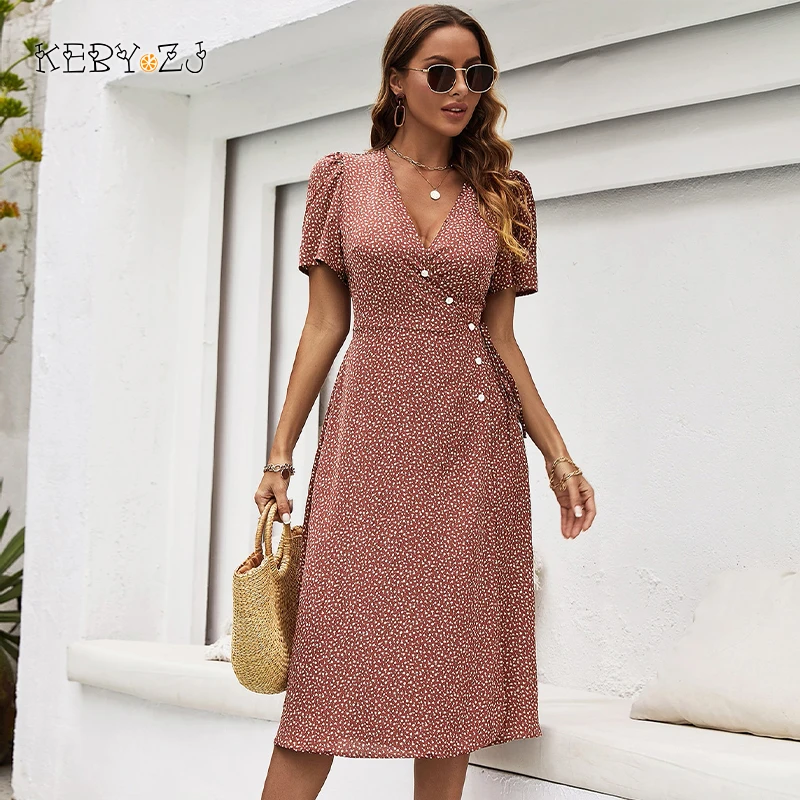 KEBY ZJ Elegant Floral Print Hem Slit Dresses Women Summer Dress 2022 New Sweet V-Neck Waist Halt Short Sleeve A-Line Midi Dress